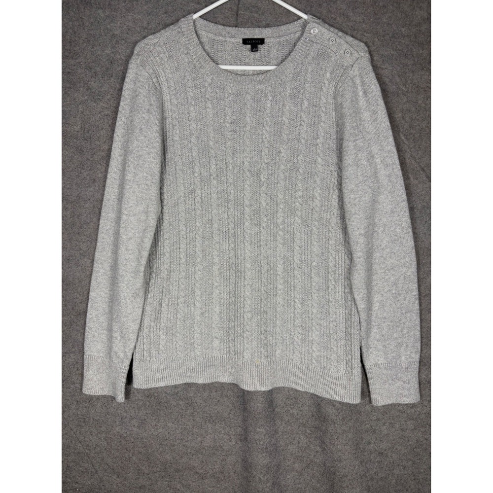 Talbots Womens Gray Cable Knit Metallic Shimmer Button Shoulder Sweater Size L